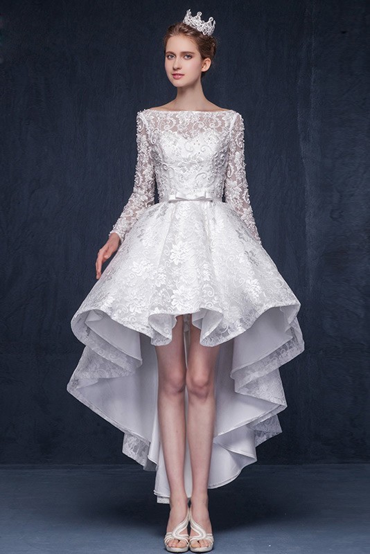 Luxury Lace High Low Wedding Dresses With Sleeves A Line Scoop