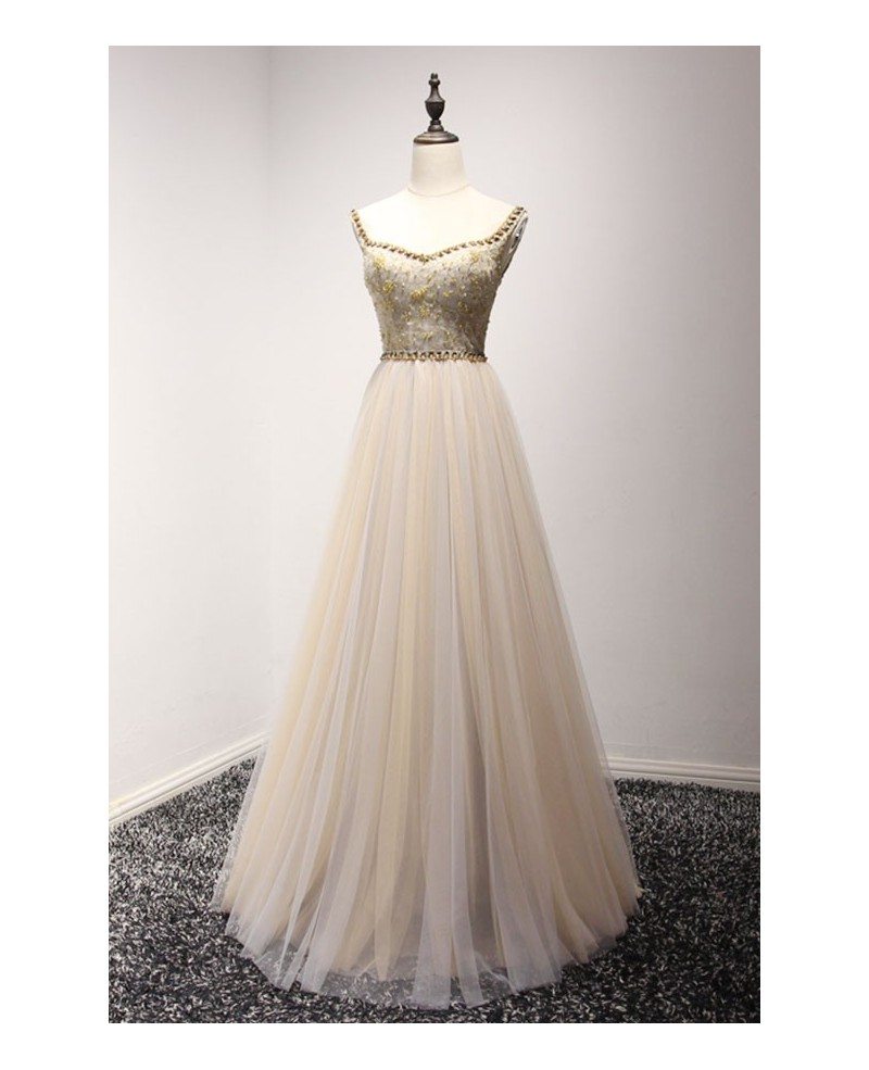 Champagne A Line V Neck Floor Length Tulle Prom Dress With Beading