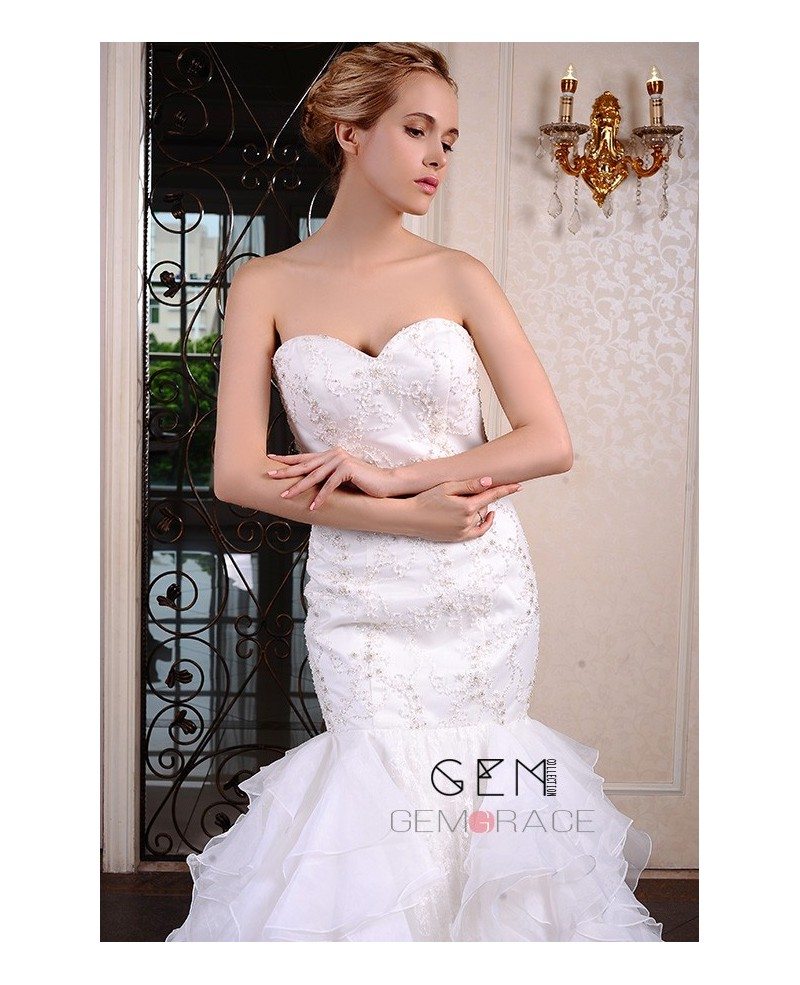 Mermaid Sweetheart Court Train Lace Organza Wedding Dress With Beading