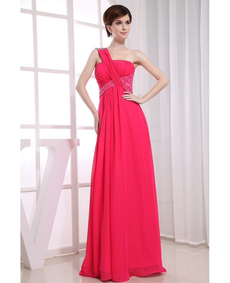 A Line One Shoulder Floor Length Chiffon Prom Dress With Beading