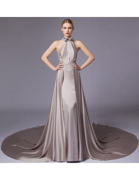 Luxurious Sheath Halter Chapel Train Satin Chiffon Wedding Dress With