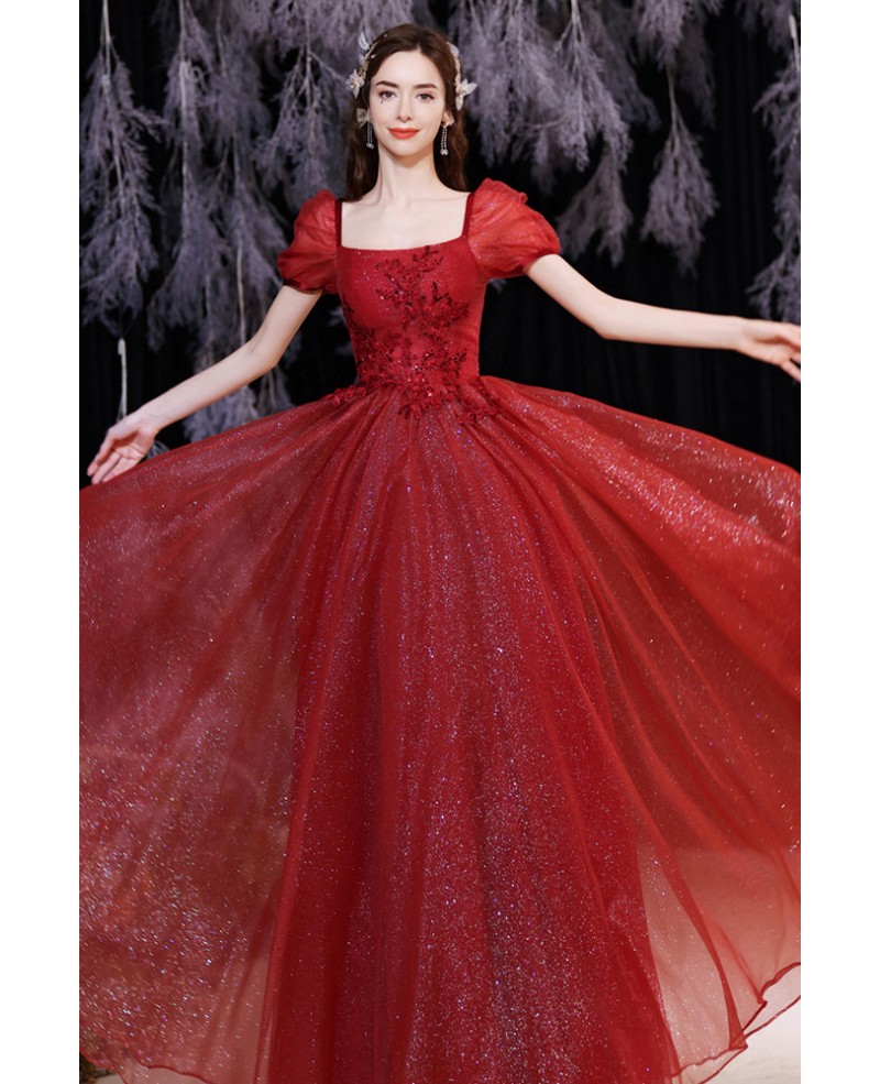 Red Square Neckline Aline Prom Dress Bling Tulle With Bubble Sleeves