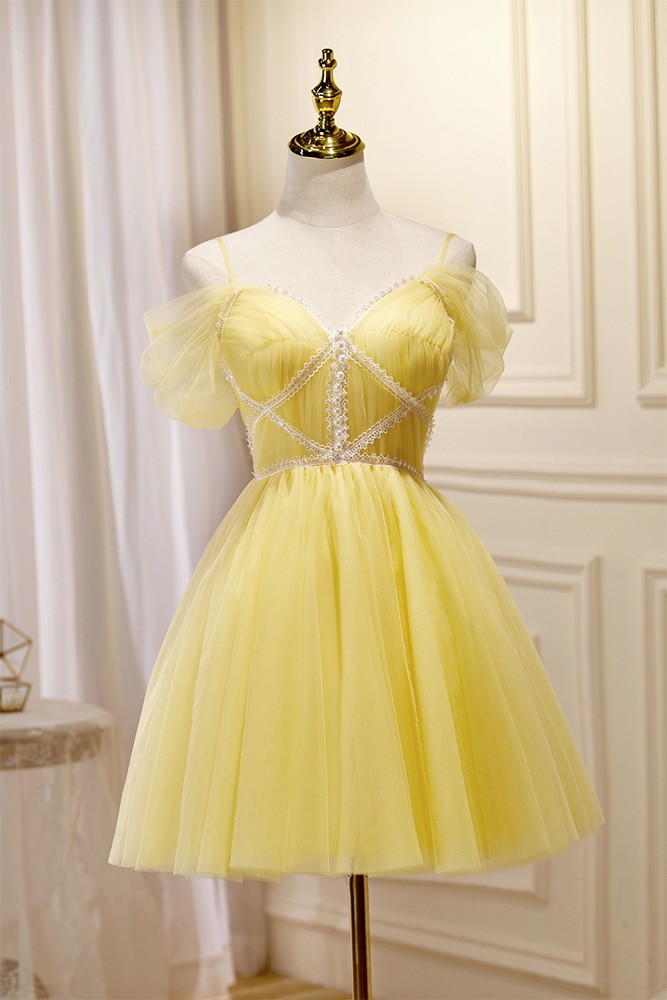 Yellow Short Tulle Hoco Dress With Straps Off Shoulder Gr