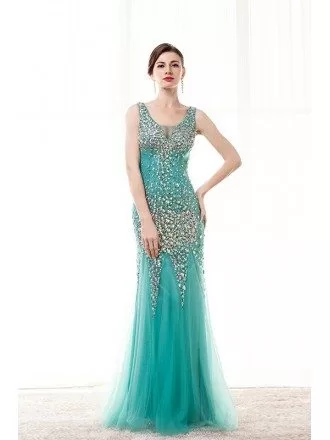 Sheath V Neck Floor-Length Tulle Prom Dress With Beading Sequins