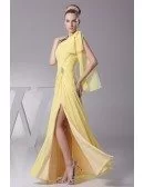 One Shoulder Sleeve Yellow Chiffon Long Prom Dress with Split Front