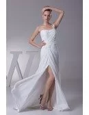Elegant One Shoulder Pleated Beaded Lace Wedding Dress with Split Front