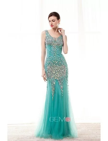 Sheath V Neck Floor-Length Tulle Prom Dress With Beading Sequins