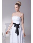 Simple Strapless Little Short Ruffled White Bridesmaid Dress with Black Sash