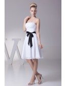 Simple Strapless Little Short Ruffled White Bridesmaid Dress with Black Sash