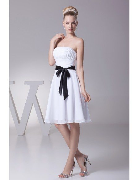 Simple Strapless Little Short Ruffled White Bridesmaid Dress with Black ...