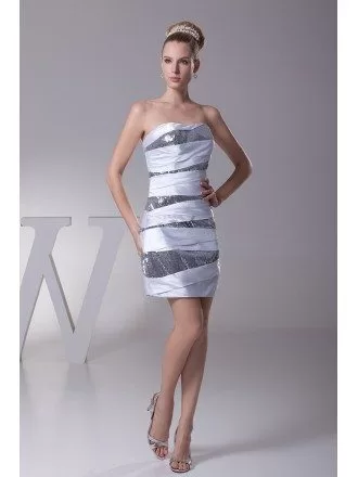 Sequined Short Strapless Satin Bridesmaid Dress In White and Silver Color