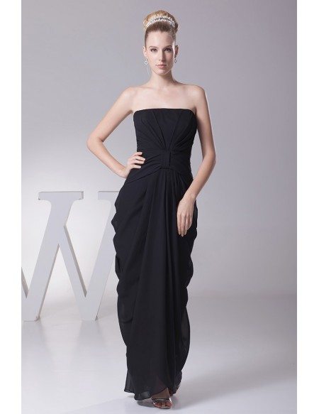 Simple Black Strapless Folded Chiffon Bridesmaid Dress in Floor Length