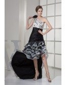 High Low One Shoulder Pleated Beaded Cascading Bridal Dress in Black and White Color