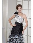 High Low One Shoulder Pleated Beaded Cascading Bridal Dress in Black and White Color