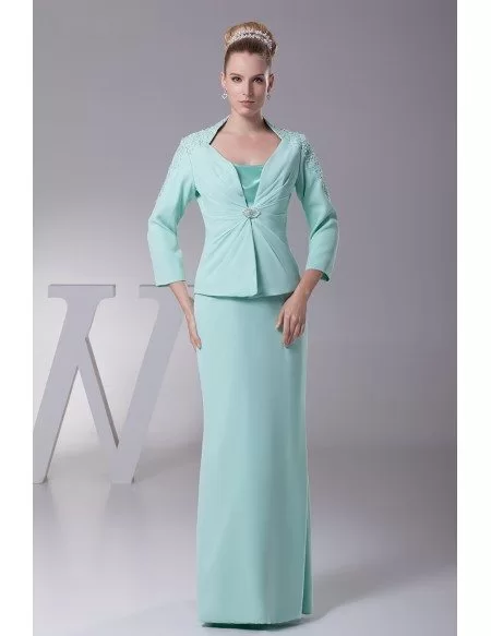Long Jacket Chiffon Lace Teal Mother of the Groom Dress In Three Pieces