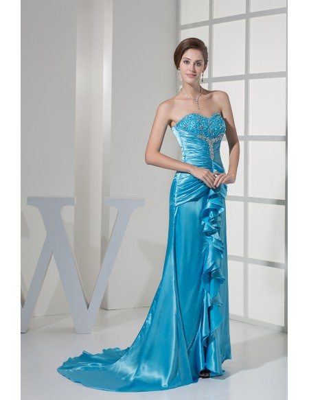 Ruffled Sweetheart Lace Beaded Long Blue Prom Dress with Split ...