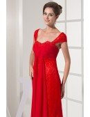 Cap Sleeves All Lace Hot Red Long Wedding Dress with Pleated Chiffon