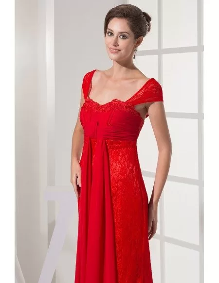 Cap Sleeves All Lace Hot Red Long Wedding Dress with Pleated Chiffon