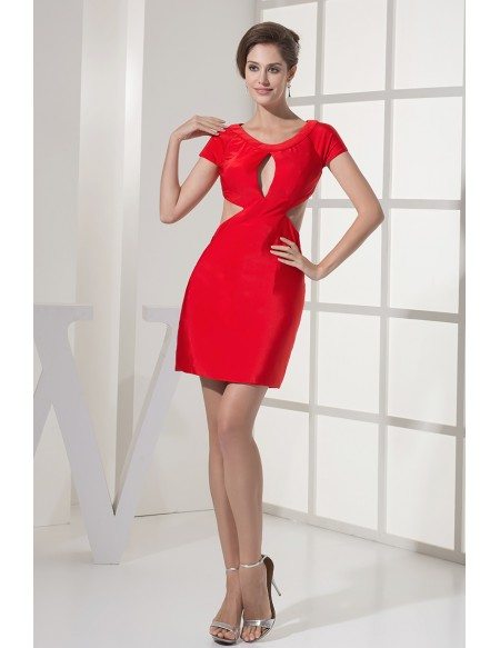 Different Sexy Short Sleeved Red Satin Prom Dress with Open Back