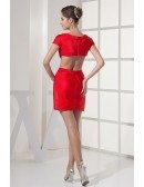 Different Sexy Short Sleeved Red Satin Prom Dress with Open Back