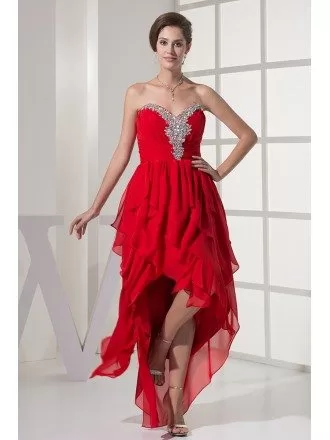 Layered High Low Red Chiffon Folded Prom Dress with Beaded Sweetheart Neckline