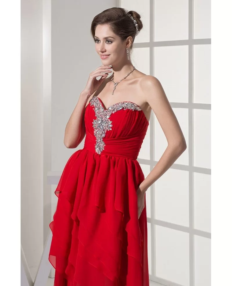 Layered High Low Red Chiffon Folded Prom Dress with Beaded Sweetheart ...