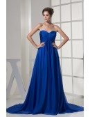 Beautiful Pleated Chiffon Royal Blue Train Bridal Gown with Sweetheart Neckline