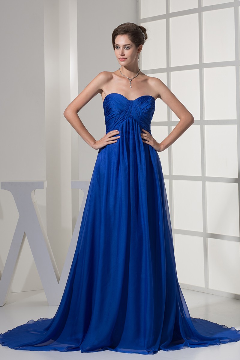 Beautiful Pleated Chiffon Royal Blue Train Bridal Gown with Sweetheart ...