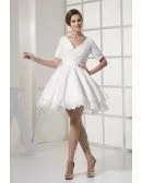 Simple Sweetheart Ruffled Taffeta Lace Short Bridal Gown with Sleeves