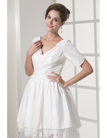 Simple Sweetheart Ruffled Taffeta Lace Short Bridal Gown with Sleeves