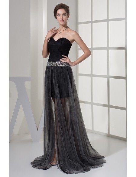 Unique Sweetheart See Through Black Tulle Prom Dress with Beaded Waist
