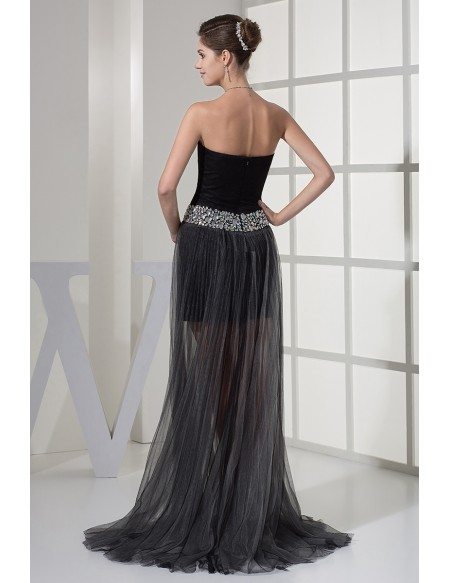 Unique Sweetheart See Through Black Tulle Prom Dress with Beaded Waist