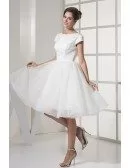 Simple Modest Ballroom Short Sleeved White Wedding Gown in Satin and Organza