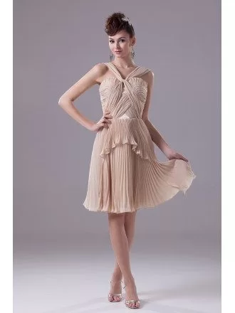 Unique Pleated Chiffon Short Champagne Formal Dress with Halter Straps