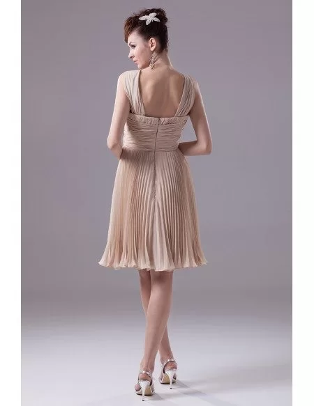 Unique Pleated Chiffon Short Champagne Formal Dress with Halter Straps