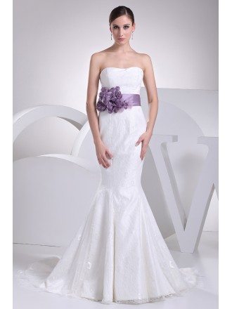 Strapless Mermaid All Lace White Wedding Dress with Purple Floral Sash