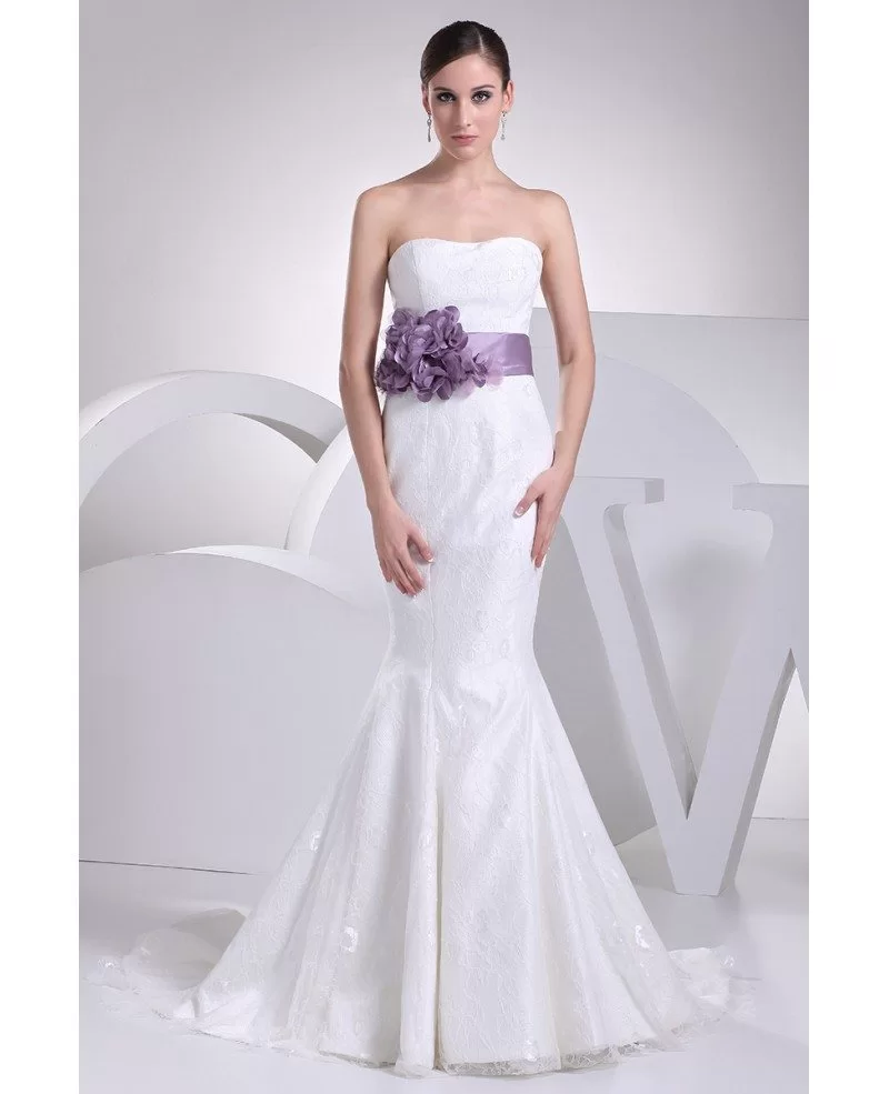 Strapless Mermaid All Lace White Wedding Dress with Purple Floral ...