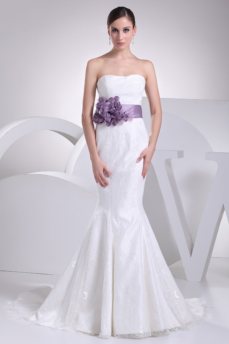 Strapless Mermaid All Lace White Wedding Dress with Purple Floral Sash  #OP4212 $197.9 - GemGrace.com
