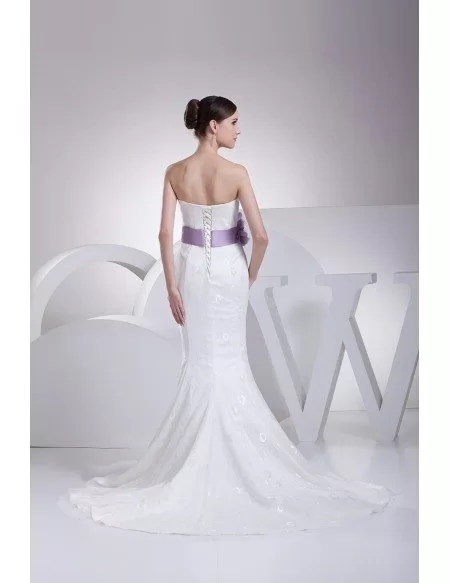 Strapless Mermaid All Lace White Wedding Dress with Purple Floral Sash