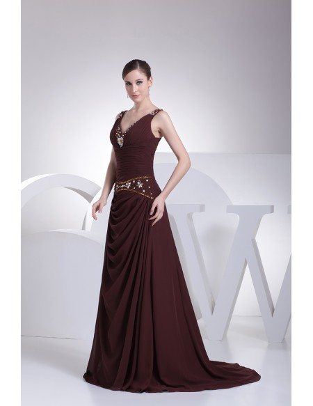 Sweetheart Neck Long Chiffon Chocolate Wedding Dress with Crystals and Beading