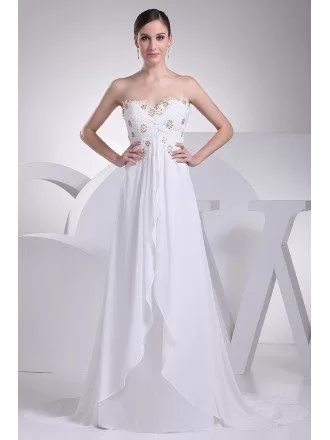 Strapless Lace Beaded Chiffon White Wedding Dress with Train