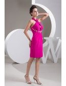 Sheath Halter Knee-length Satin Prom Dress With Beading