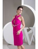 Sheath Halter Knee-length Satin Prom Dress With Beading
