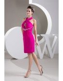 Sheath Halter Knee-length Satin Prom Dress With Beading