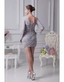 Sexy Folded Chiffon Short Grey Bridal Party Dress with Long Sleeves