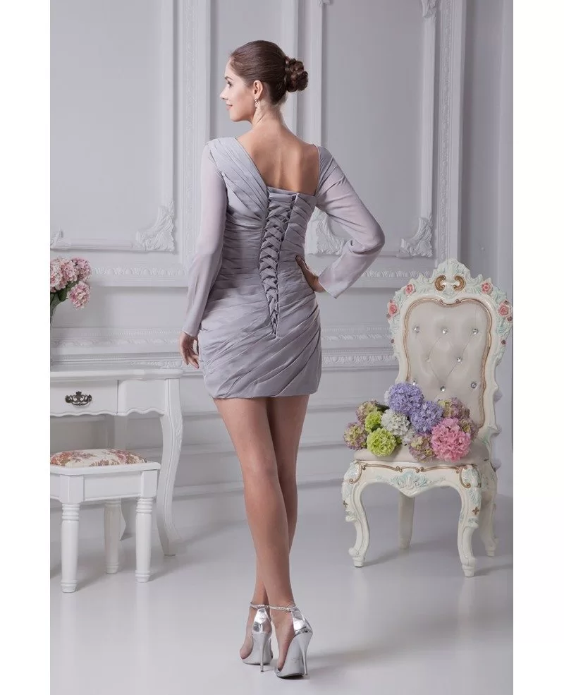 Sexy Folded Chiffon Short Grey Party Dress With Long Sleeves Op4216