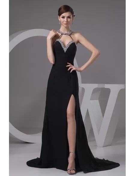 A-line Halter Sweep Train Chiffon Evening Dress With Split