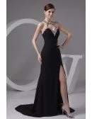 A-line Halter Sweep Train Chiffon Evening Dress With Split