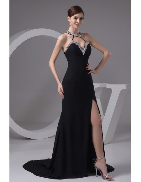 A-line Halter Sweep Train Chiffon Evening Dress With Split