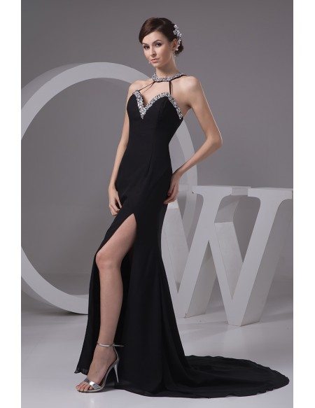 A-line Halter Sweep Train Chiffon Evening Dress With Split